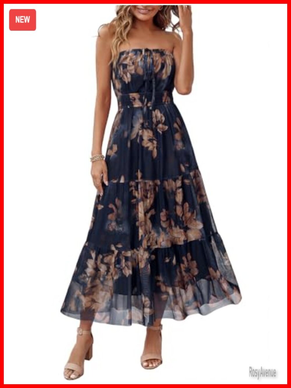 Strapless Boho Floral Maxi Dress Women Casual Wedding Guest Mesh Layered Summer